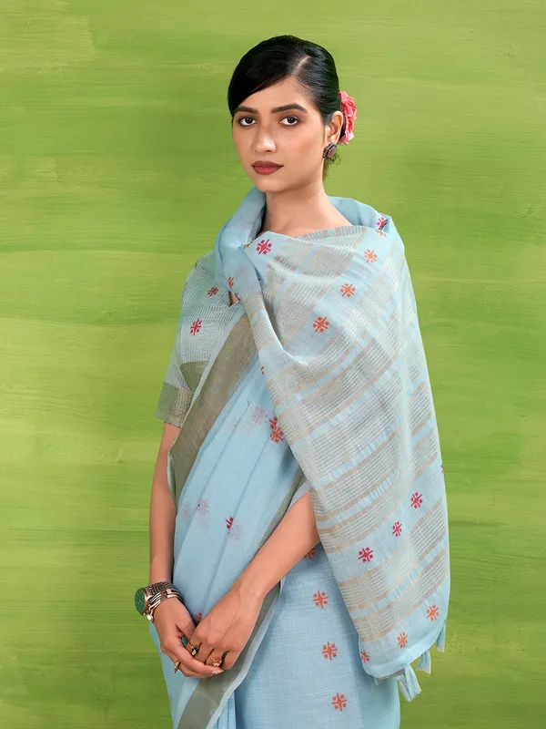 Sky blue linen silk saree with zari