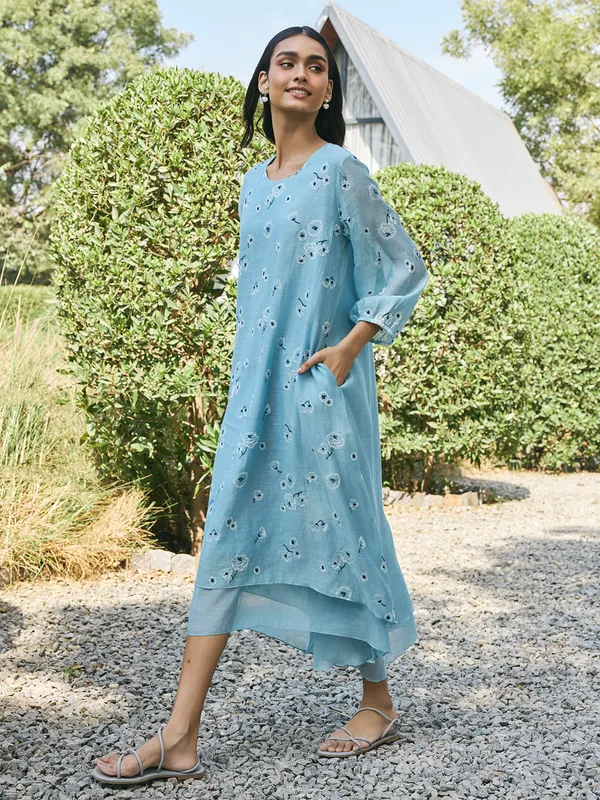 Sky blue muslin cotton kurti for women