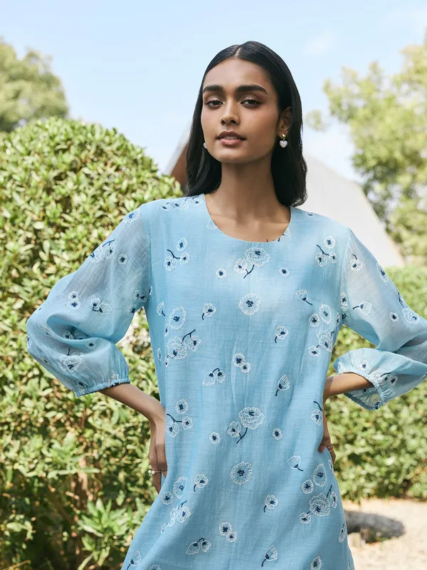 Sky blue muslin cotton kurti for women