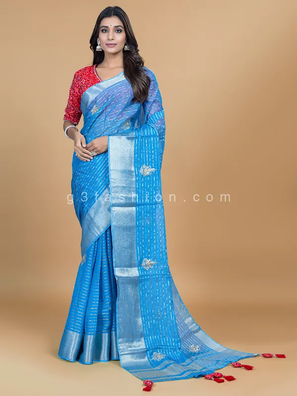 Aqua organza saree for festive wear