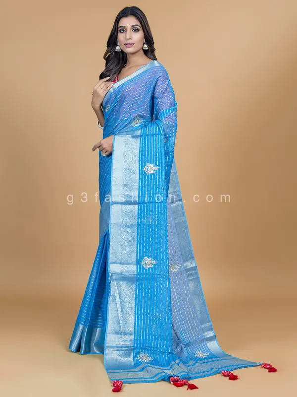 Aqua organza saree for festive wear