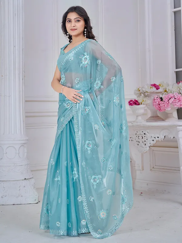 Sky blue organza saree with delicate hand embroidery