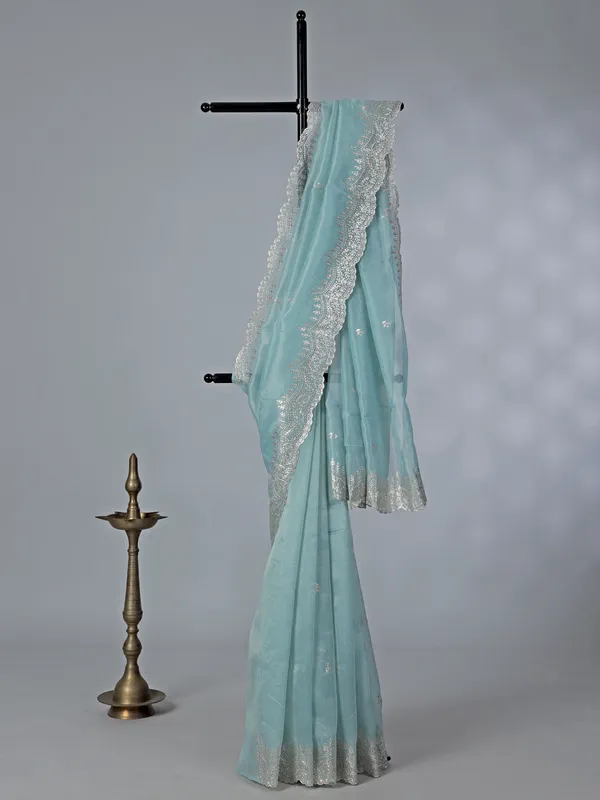 Sky blue organza saree with elegant thread work
