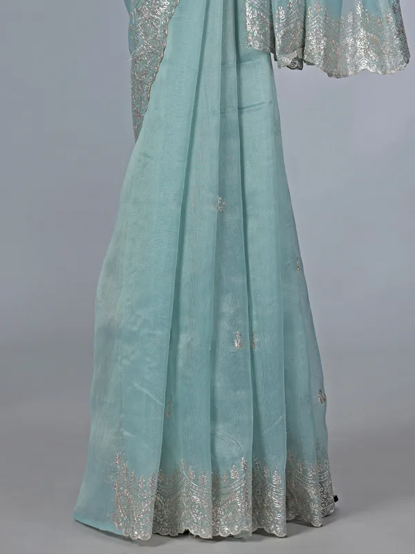Sky blue organza saree with elegant thread work