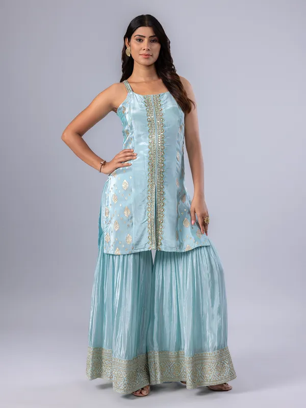 Sky blue pakistani style sharara suit