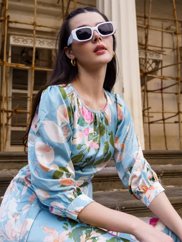 Sky blue polyester printed dress