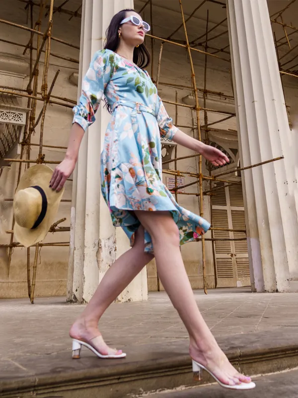 Sky blue polyester printed dress