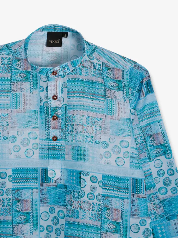 Sky blue printed cotton boys kurta