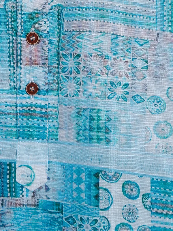 Sky blue printed cotton boys kurta