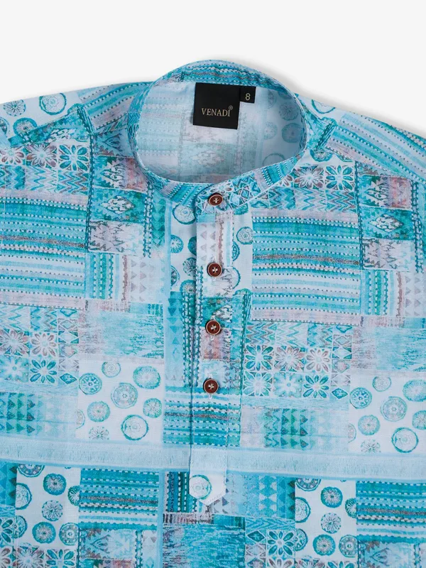 Sky blue printed cotton boys kurta