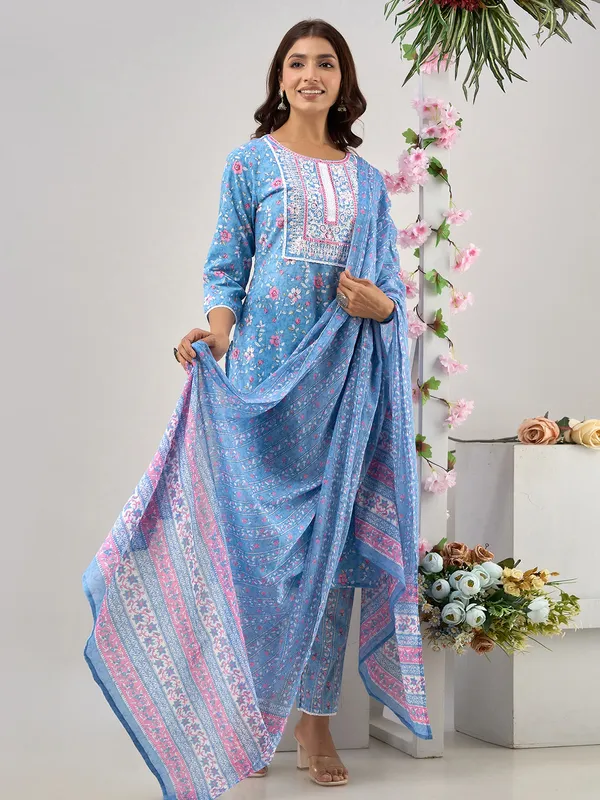 Sky blue printed cotton embroidery kurti set