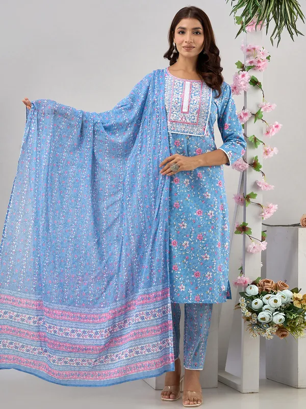 Sky blue printed cotton embroidery kurti set