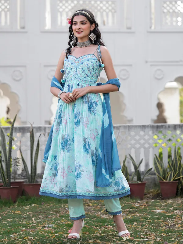 Sky blue printed cotton kurti set