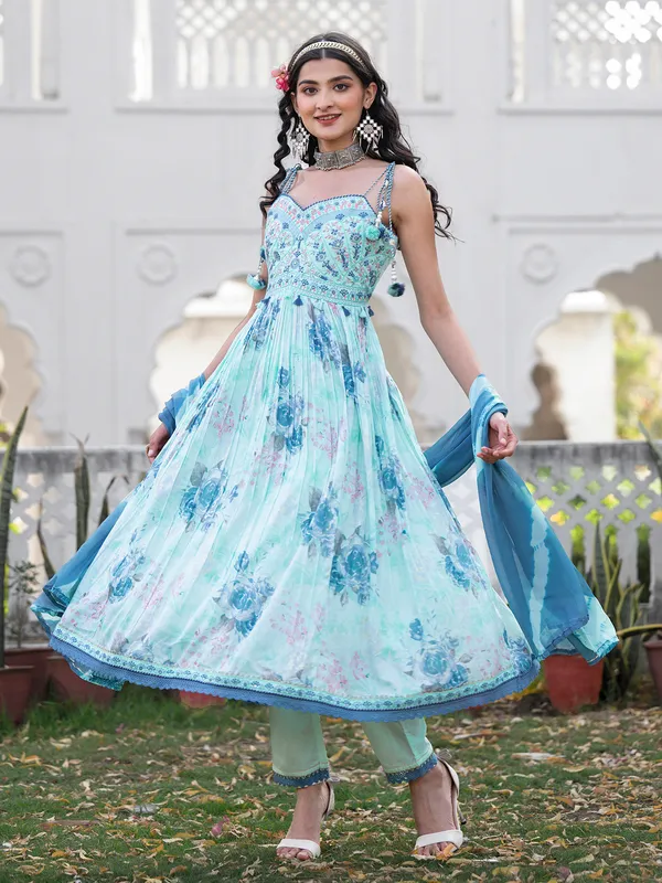 Sky blue printed cotton kurti set