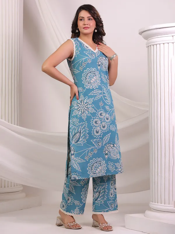 Sky blue printed cotton kurti set for casual wear