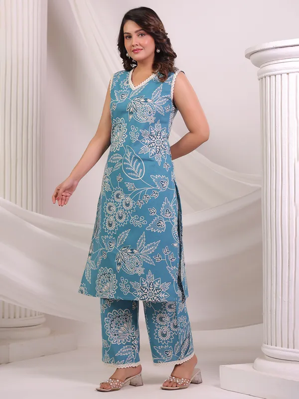 Sky blue printed cotton kurti set for casual wear