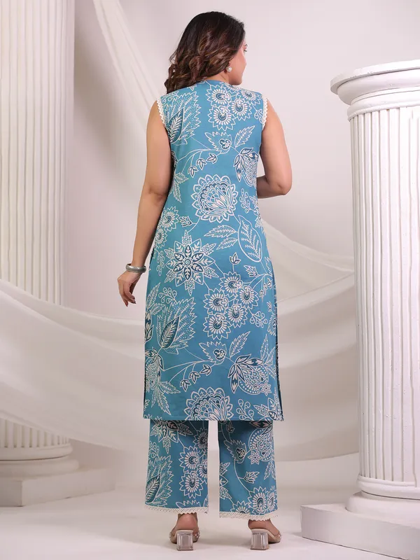 Sky blue printed cotton kurti set for casual wear