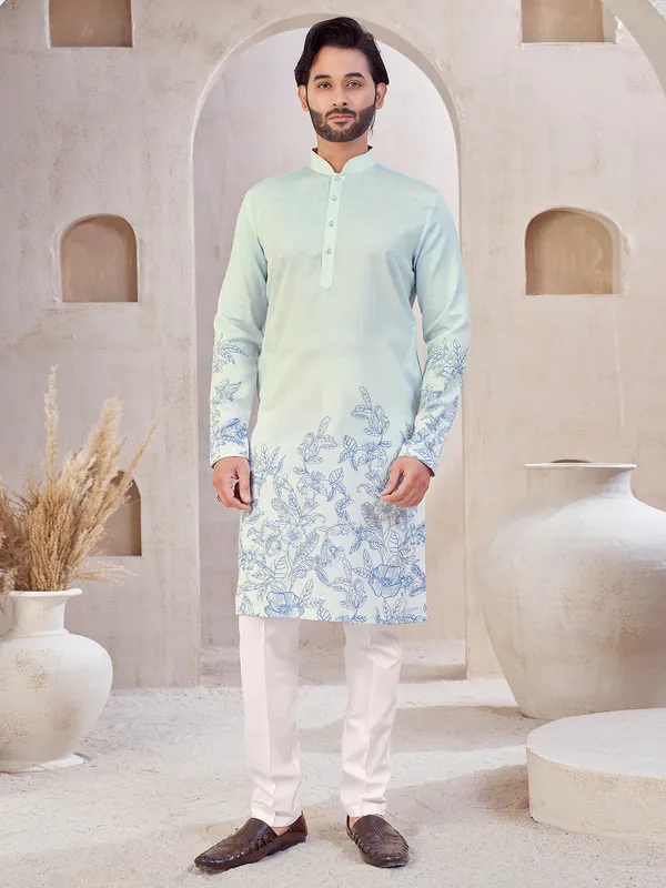 Sky blue printed cotton men kurta suit