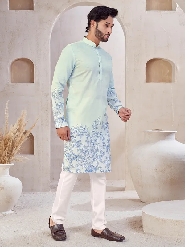 Sky blue printed cotton men kurta suit