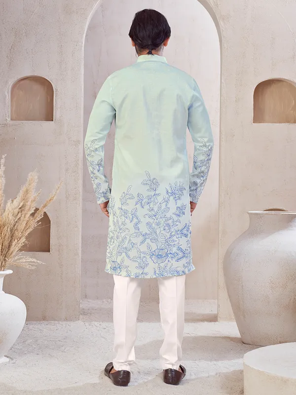 Sky blue printed cotton men kurta suit