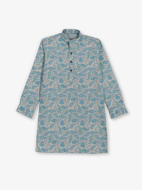 Sky blue printed cotton silk kurta