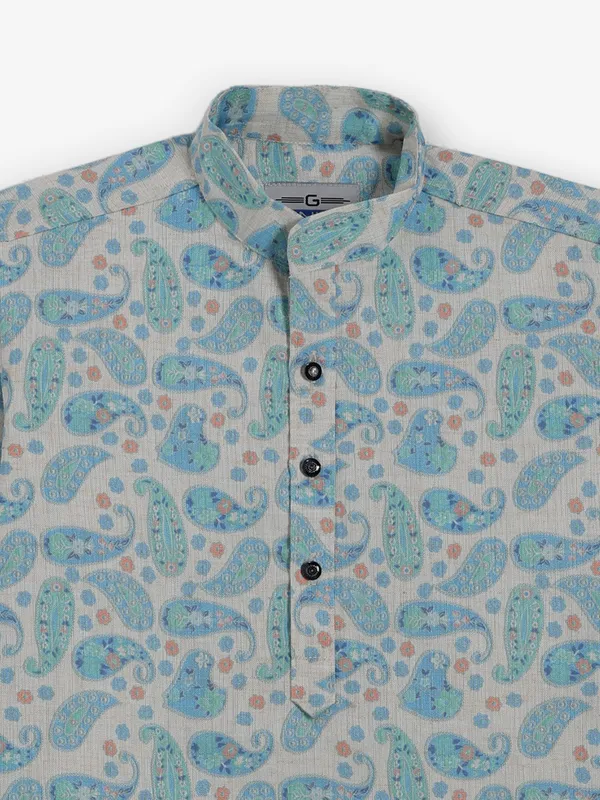 Sky blue printed cotton silk kurta