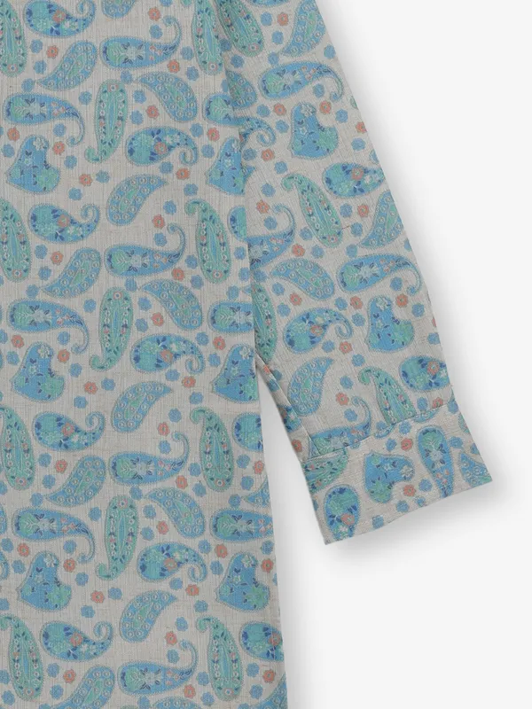 Sky blue printed cotton silk kurta