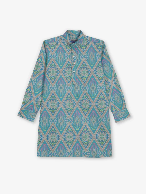 Sky blue printed cotton silk kurta for festive wear
