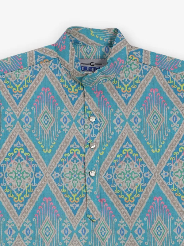 Sky blue printed cotton silk kurta for festive wear