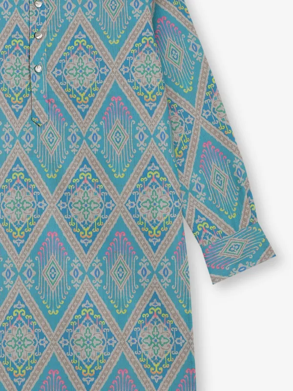 Sky blue printed cotton silk kurta for festive wear