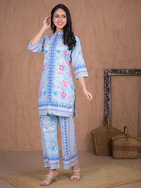 Sky blue printed cotton silk palazzo kurti set