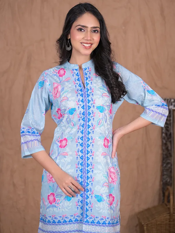 Sky blue printed cotton silk palazzo kurti set