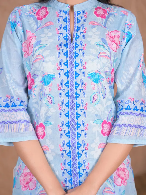 Sky blue printed cotton silk palazzo kurti set
