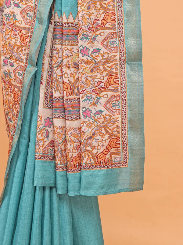 Sky blue printed cotton silk saree for festive wear