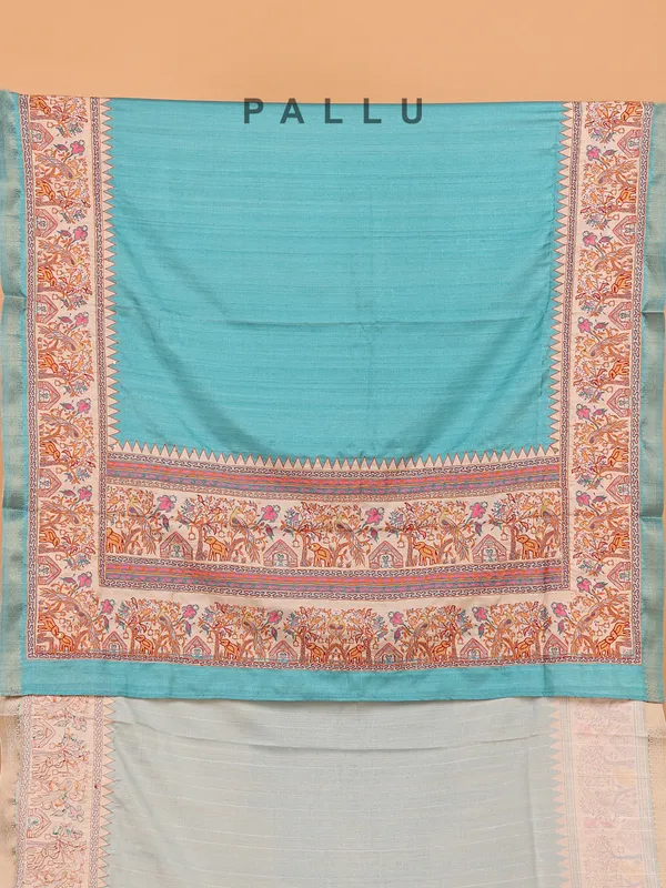 Sky blue printed cotton silk saree for festive wear