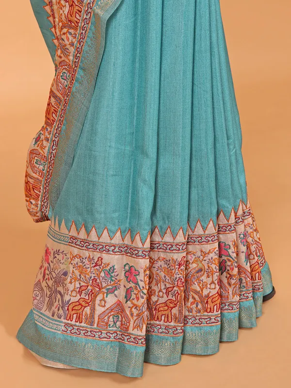 Sky blue printed cotton silk saree for festive wear