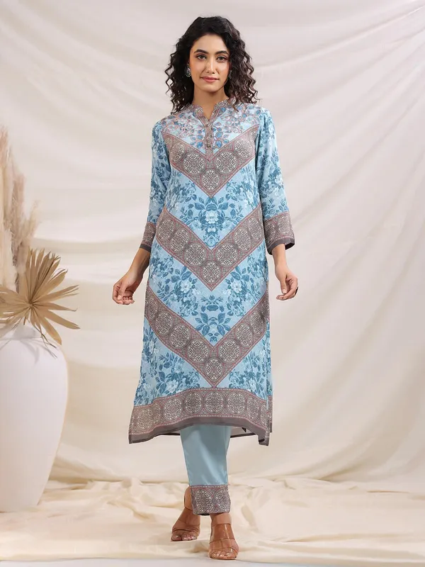 Sky blue printed crepe kurti set