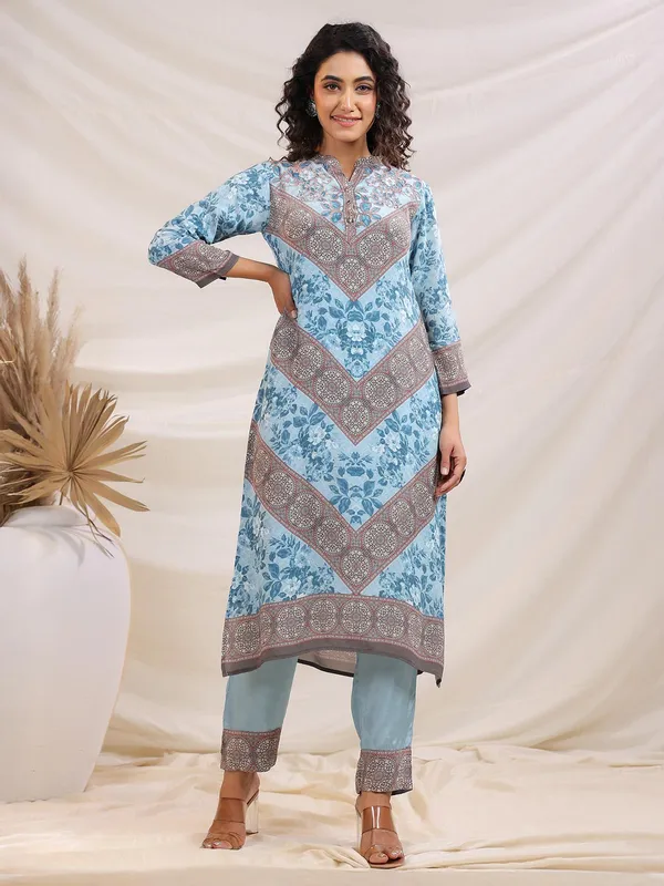 Sky blue printed crepe kurti set