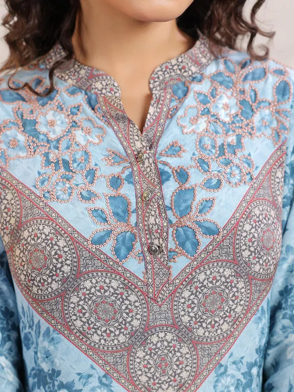 Sky blue printed crepe kurti set