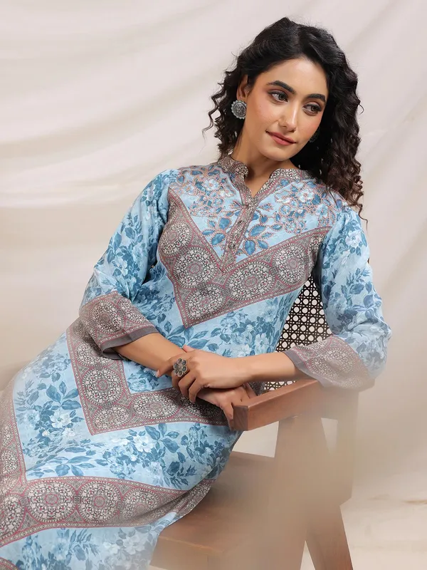 Sky blue printed crepe kurti set