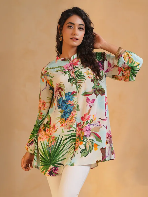 Sky blue printed crepe silk casual wear top