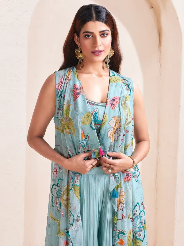 Sky blue printed georgette palazzo suit