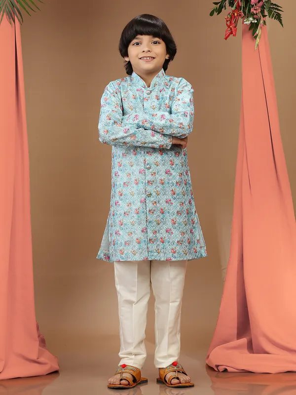 Sky blue printed kurta suit in cotton