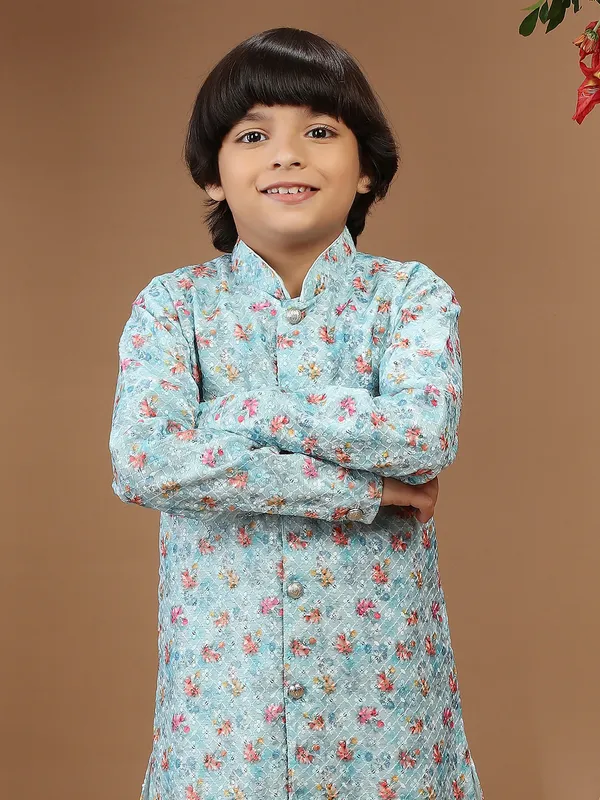 Sky blue printed kurta suit in cotton