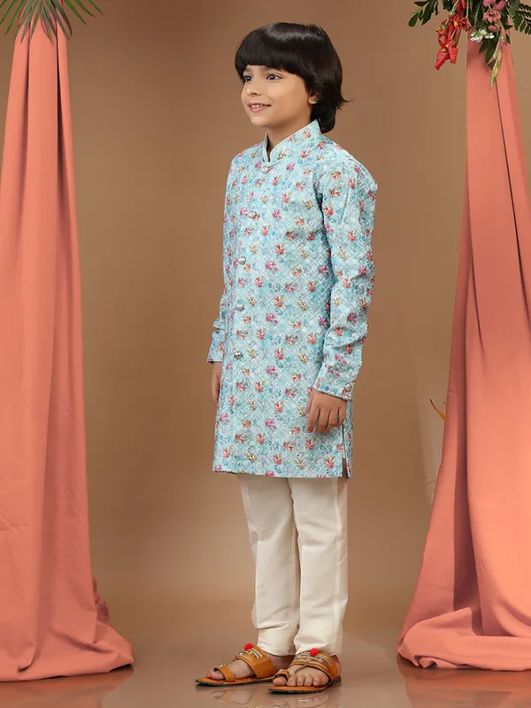 Sky blue printed kurta suit in cotton