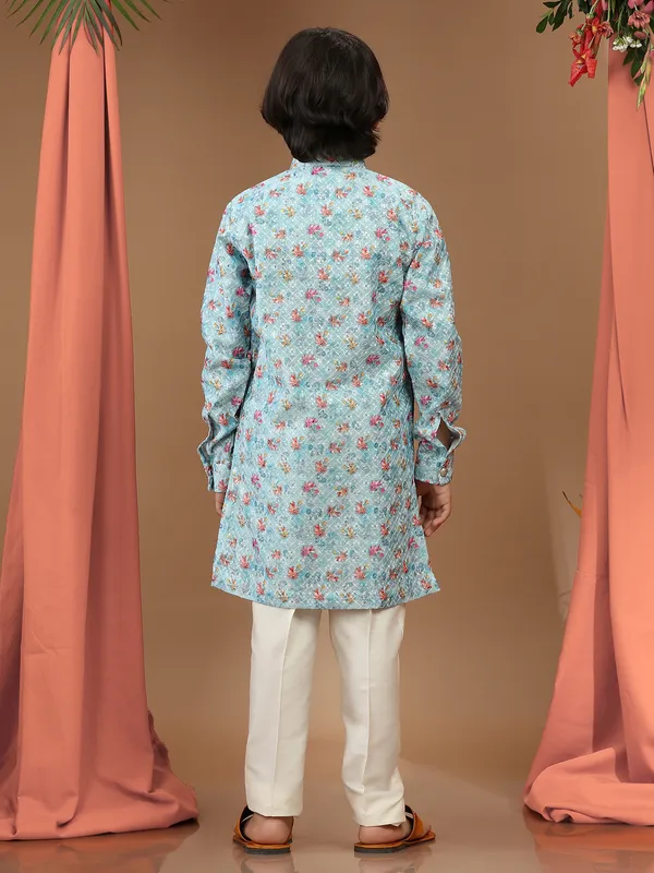 Sky blue printed kurta suit in cotton