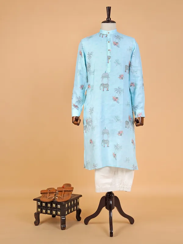 Sky blue printed linen kurta suit