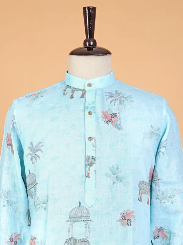 Sky blue printed linen kurta suit