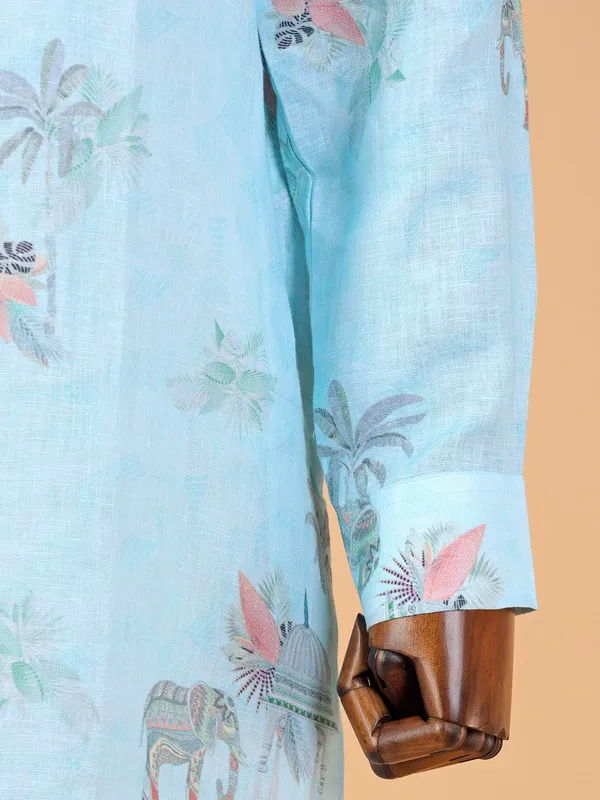 Sky blue printed linen kurta suit