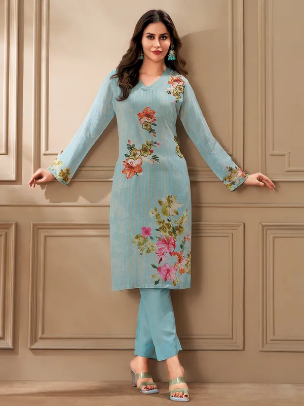 Sky blue printed linen salwar suit